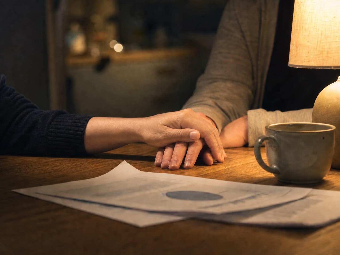 Two parents holding hands over their notes late at night