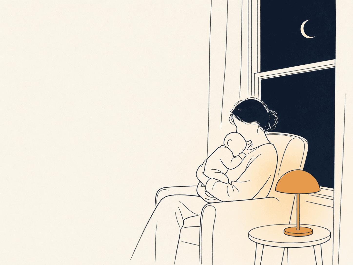 A parent holding a sleeping baby in a chair by a window at night